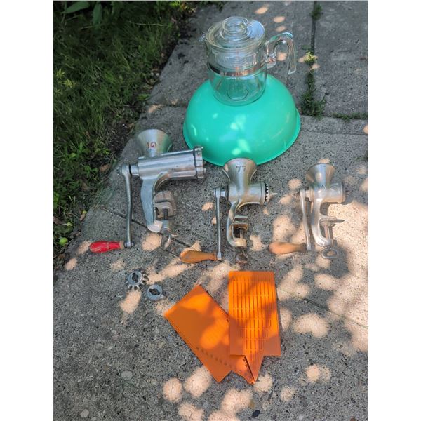 3 Metal Meat Grinders, Glass Teapot, and Assorted Kitchen Tools