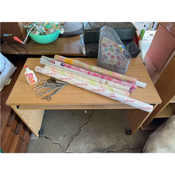Office Supply Lot With Rolling Desk, Wrapping Paper, Scissors, Glue