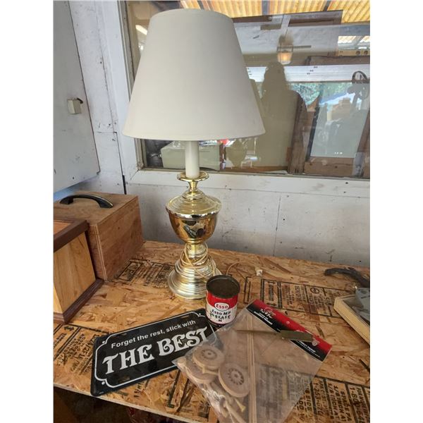 Brass Table Lamp with Shade, Sign, Tin, and Model Kit