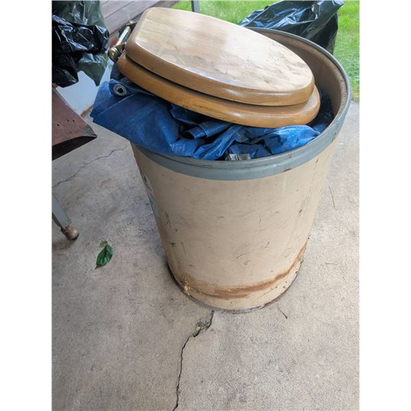 Large Round Plastic Utility Barrel with Lid and Mixed Contents
