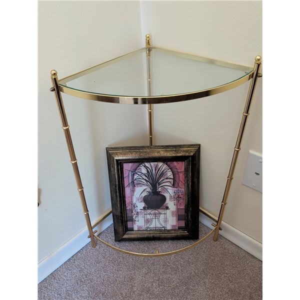 Glass and Brass Corner Table with Framed Plant Art Print