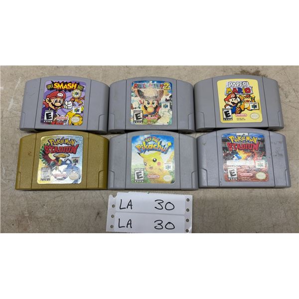 6 Nintendo 64 Video Game Cartridges: Super Smash Bros., Mario Party 2, Paper Mario, Pokémon Stadium