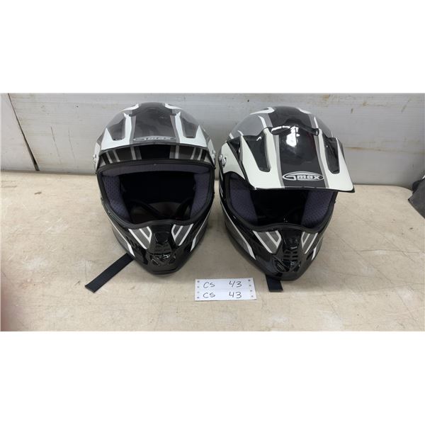 2 GMAX GM6X Off-Road Motorcycle Helmets, Size XXL and XL, Black/White/Grey Graphic