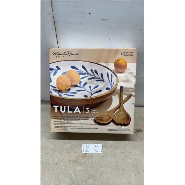 Maison Neuve Tula 3-Piece Mango Wood Serving Bowl and Utensils Set, 17.3" Bowl, 13" Utensils