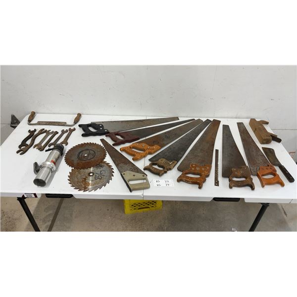 Assortment of Vintage Hand Saws, Circular Saw Blades, Wrenches, Drawknife, and More