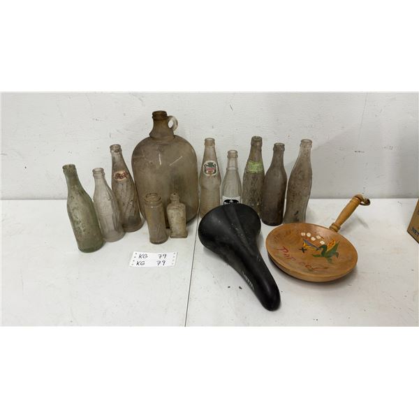 Vintage Glass Bottle Lot, Coca-Cola, Pepsi, Canada Dry, Demijohn, Bicycle Seat, Popcorn Bowl and Mo