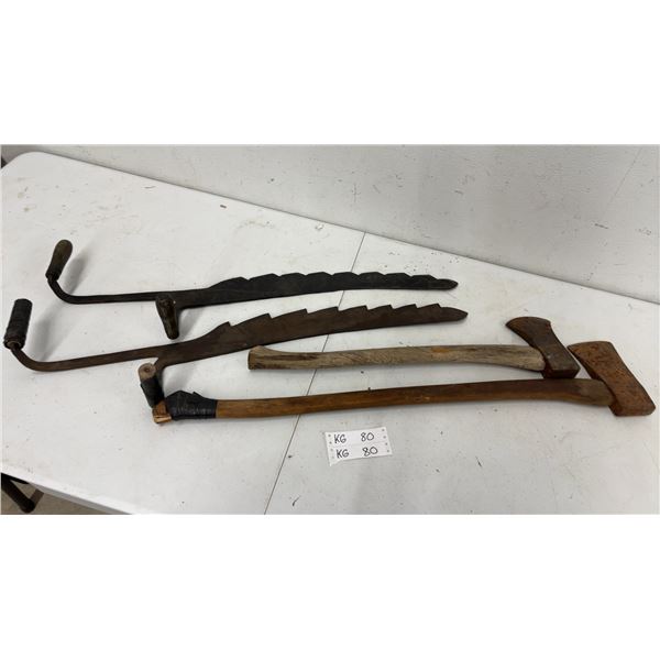 Antique Forestry Tool Lot: Two Timber Scribes, Squaring Axe, and Hand Axe
