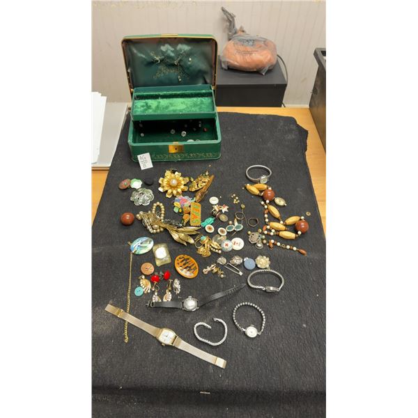 Vintage Jewelry Box With Fashion Jewelry, Brooches, Watches, Necklaces, Pins and More