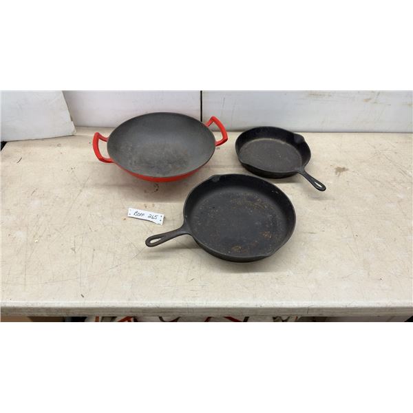 Three Cast Iron Pans: Red Enamel Wok, No. 10 12" Skillet, & J.L. Eaton Co. Skillet