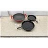 Image 1 : Three Cast Iron Pans: Red Enamel Wok, No. 10 12" Skillet, & J.L. Eaton Co. Skillet