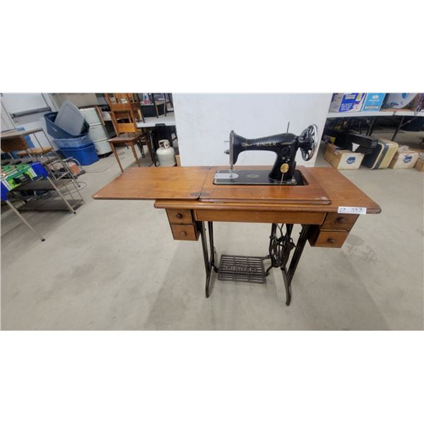 Antique Singer Model 66 Treadle Sewing Machine in Wooden Cabinet with Cast Iron Base