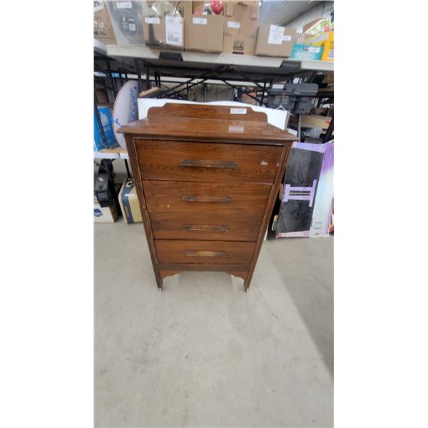 Vintage Wooden Four-Drawer Tallboy Chest of Drawers with Dark Stained Finish on Casters