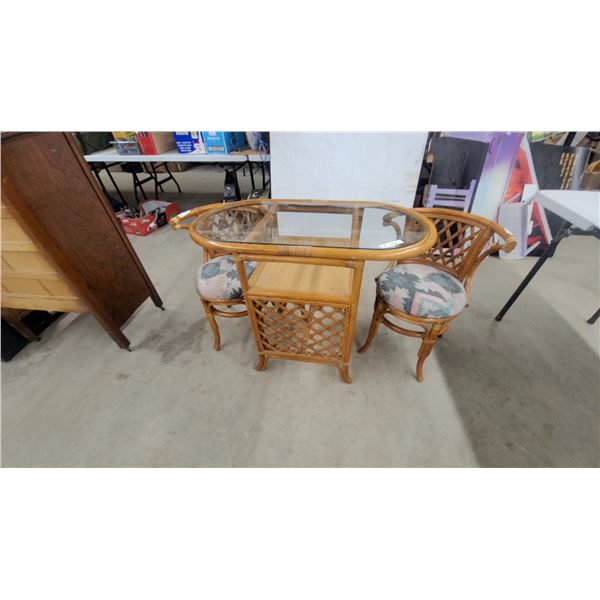 Rattan 3-Piece Bistro Set with Oval Glass-Top Table and Two Lattice-Back Chairs