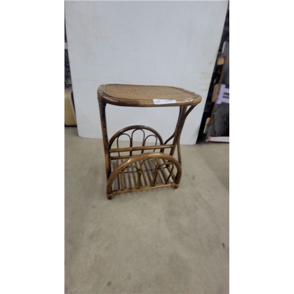 Vintage Rattan and Bamboo Side Table with Woven Cane Top and Magazine Rack