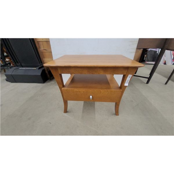 Wooden End Table with Curved Legs, Open Shelf, and Single Drawer with Silver Pull 21" x 18" x 26"