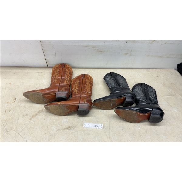 Two Pairs of Men's Leather Cowboy Boots, Brown with Tan Stitching Sz 8.5 and Black with White