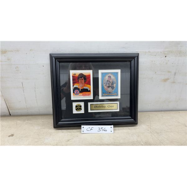 Framed Bobby Orr Boston Bruins Memorabilia Display with Upper Deck Cards and Jersey Pin, 10" x 12"