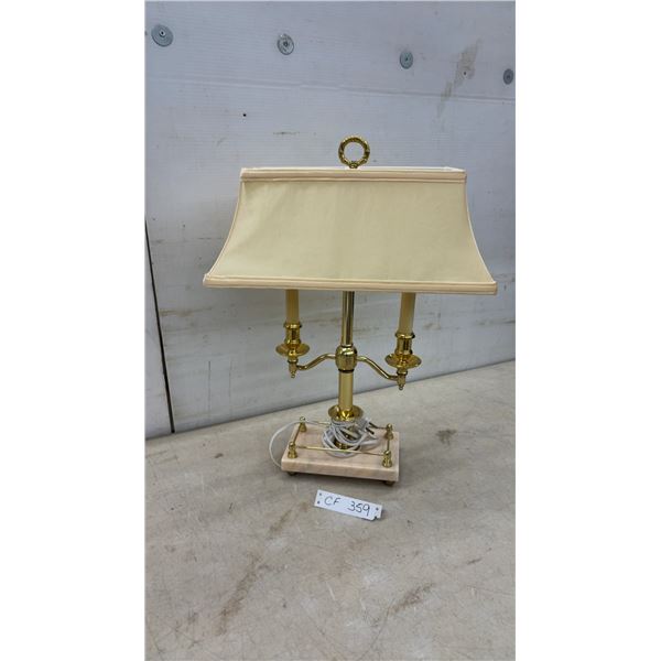 Bouillotte Two-Light Brass Table Lamp with Marble Base and Cream Rectangular Shade, 23 " High