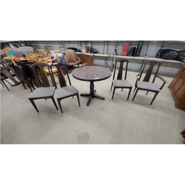 Mid-Century Modern Round Pedestal Dining Table and Six Chairs with Gray Upholstered Seats 30"