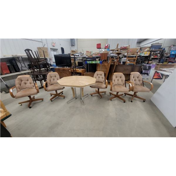 Vintage 1970s-80s Dining Set, Octagonal Wood Table with Chrome Base and 5Tufted Caster Chairs 30"
