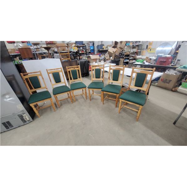 Set of Six Pine Wood Dining Chairs with Green and Gold Dot Upholstered Seats and Backrests