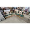 Image 1 : Set of Six Pine Wood Dining Chairs with Green and Gold Dot Upholstered Seats and Backrests