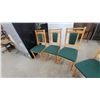 Image 4 : Set of Six Pine Wood Dining Chairs with Green and Gold Dot Upholstered Seats and Backrests