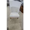 Image 1 : Upholstered Slipper Chair with Curved Back and Geometric Lattice Pattern on Wooden Legs