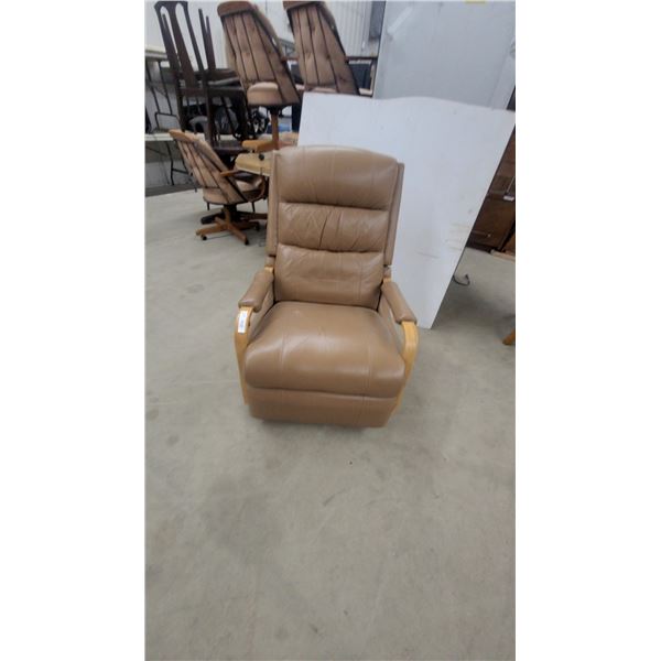 Tan Leather Recliner Combo Platform Rocker Chair with Light Wood Armrests and Segmented Backrest