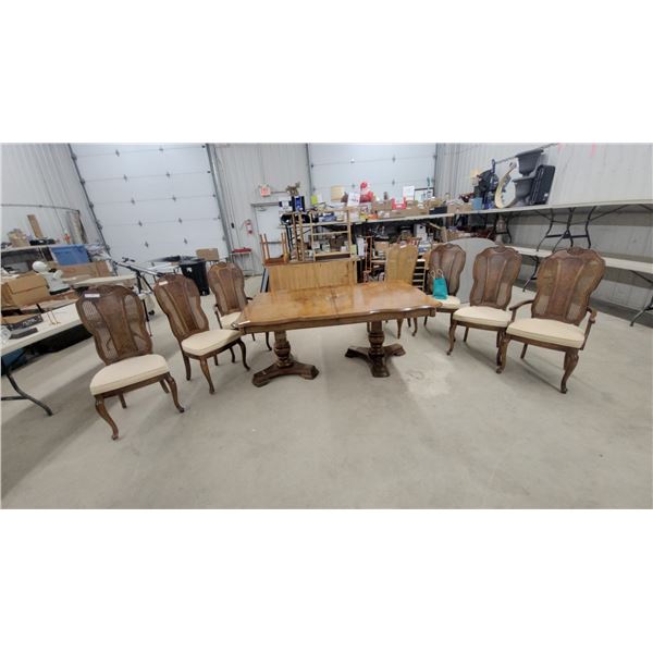 Broyhill Emphasis Double-Pedestal Burl Wood Dining Table and Six Cane-Back Chairs, 1960s 30" x 66"