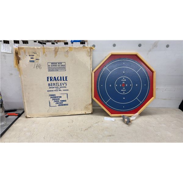 Bentley's Sporting Goods Vintage Crokinole Game Board with Original Box and Pieces