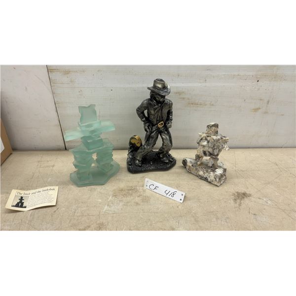 Cowboy Prospector Statuette, Glass Inukshuk, and Stone Inukshuk Figurine