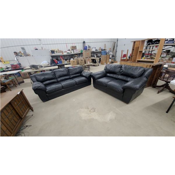 Black Leather Overstuffed Sofa 90" and Matching Loveseat 68" Set with Rounded Arms