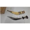 Image 1 : Traditional Nepalese Kukri with Etched Curved Blade, Studded Wood Handle, and Decorated Sheath 22"