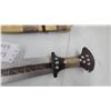 Image 2 : Traditional Nepalese Kukri with Etched Curved Blade, Studded Wood Handle, and Decorated Sheath 22"