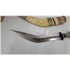 Image 3 : Traditional Nepalese Kukri with Etched Curved Blade, Studded Wood Handle, and Decorated Sheath 22"