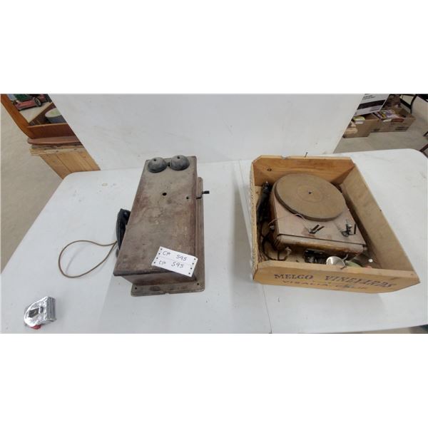 Antique Wooden Wall-Mount Magneto Telephone with Dual Bells and Portable Phonograph in Crate