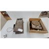 Image 1 : Antique Wooden Wall-Mount Magneto Telephone with Dual Bells and Portable Phonograph in Crate