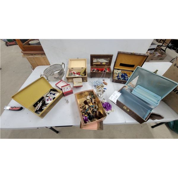 Assortment of Jewelry Boxes with Costume Jewelry, Beaded Necklaces, Pearls, and More