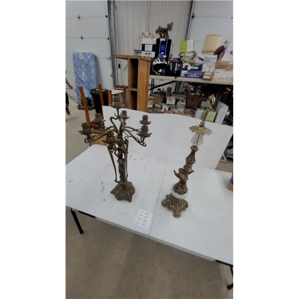 Two Bronze Candelabras: One with 7 Candle Holders & Figural
