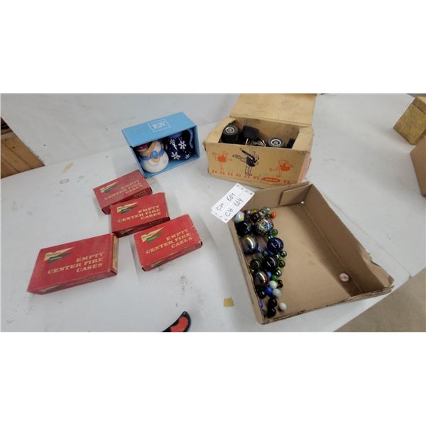 Vintage Roller Skates, Marbles, Empty Center Fire Cases, & Christmas Ornaments