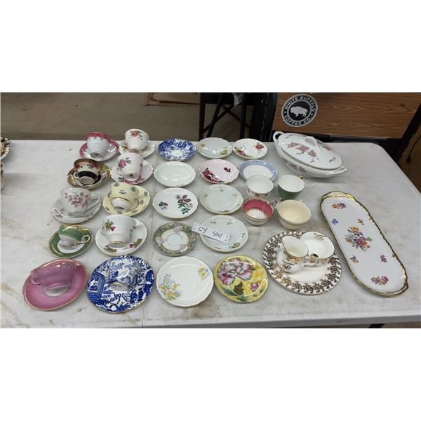 Assorted Tea Cups & Saucers, Covered Serving Dish, & Rectangular Serving Tray