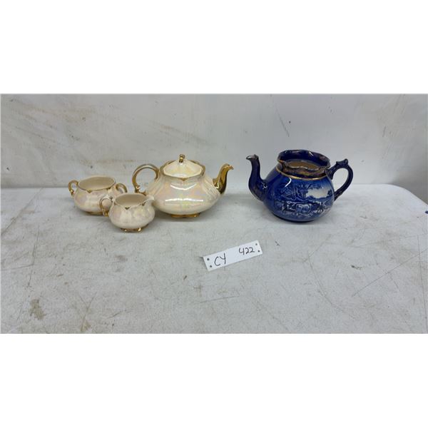 Blue Transferware Teapot AWL 728 England, and Iridescent Cream Lusterware Tea Set With Gold Trim