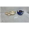 Image 1 : Blue Transferware Teapot AWL 728 England, and Iridescent Cream Lusterware Tea Set With Gold Trim