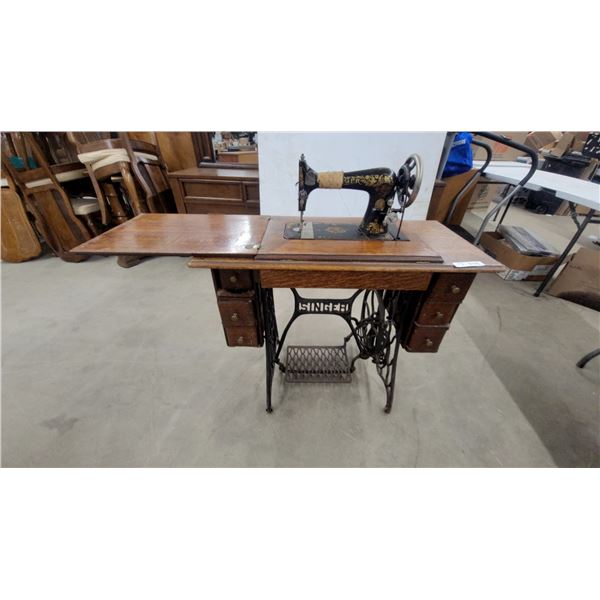 Antique Singer Model 66 Treadle Sewing Machine with Gold Grapevine Decals and Oak Cabinet