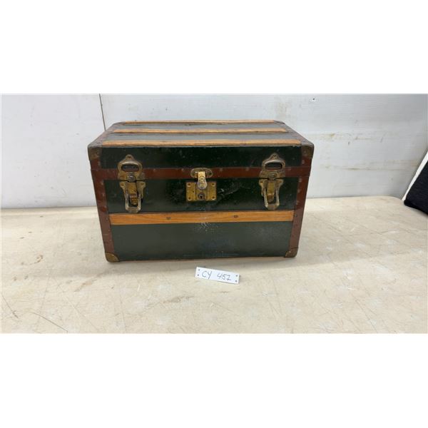 Vintage Flat-Top Steamer Trunk with Wooden Slats, Brass Hardware,