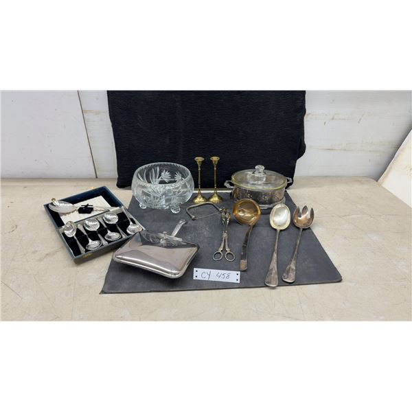 Silverplate Serving Spoon Set, Cut Crystal Bowl, Brass Candlesticks, Casserole Dish, Monogrammed