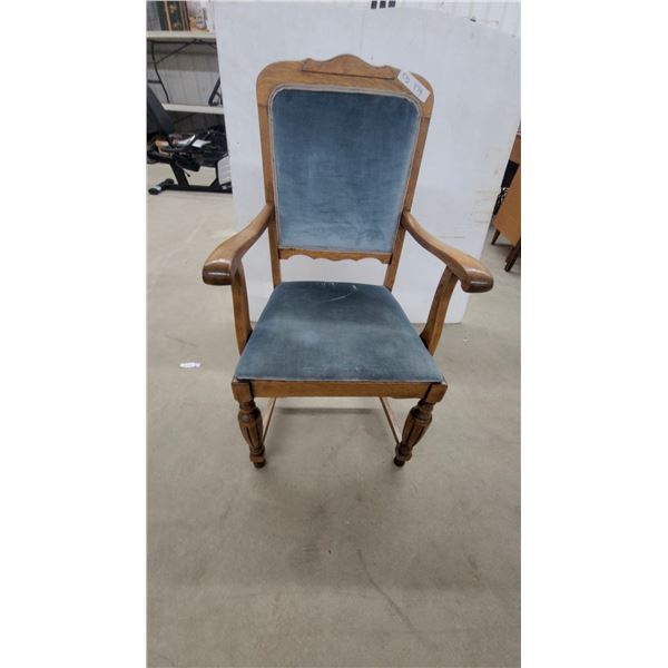 Antique Oak Armchair With Blue Velvet Upholstery and Turned Legs, Circa 1890s-1920s