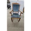 Image 1 : Antique Oak Armchair With Blue Velvet Upholstery and Turned Legs, Circa 1890s-1920s
