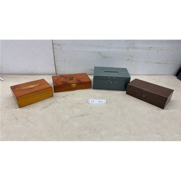 Two Cedar Keepsake Boxes, 2 Metal Cash Boxes, One with Key